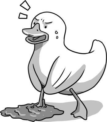 a frustrated rubber duck with its foot stuck in tar