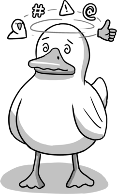 a confused rubber duck with various emoji circling its head