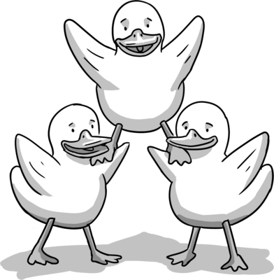 a rubber duck standing on the shoulders of two others